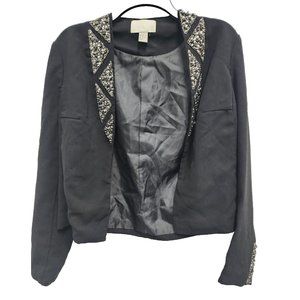 H&M Womens Black Beaded Cropped Blazer Jacket Size 12 Open Front Long Sleeve
